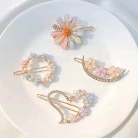 Korean Floral Rhinestone Hair Clips - Daisy, Heart, Moon & Wreath Designs (Gold Tone Aesthetic Pins)