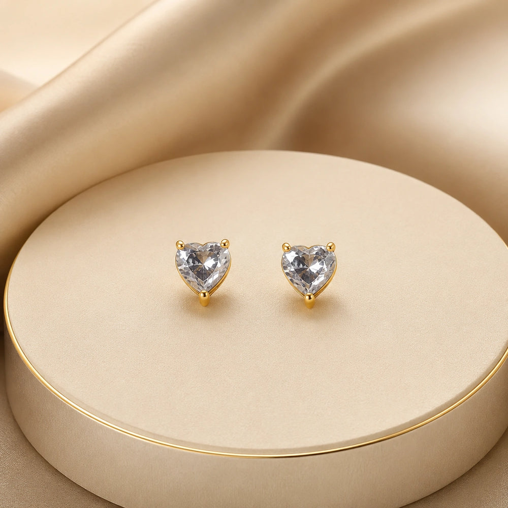 Crystal Heart Stud Earrings - Gold Plated Minimalist Fashion Jewelry