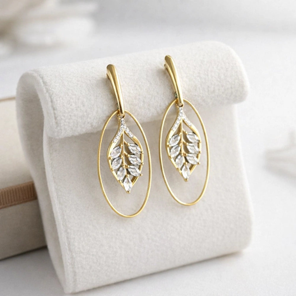 Leaf Motif Crystal Oval Drop Earrings - Anti Tarnish Gold Plated
