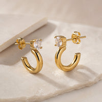 Crystal Solitaire C-Hoop Earrings | Anti Tarnish Gold Plated