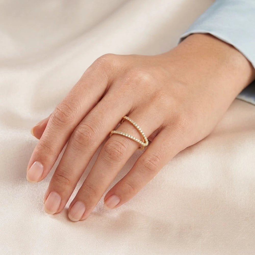 Geometric Double V Crystal Ring - Anti Tarnish Gold Plated
