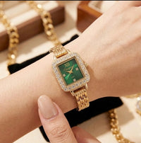Elegant Emerald Green Square Dial Anti-Tarnish Gold Plated Watch for Women