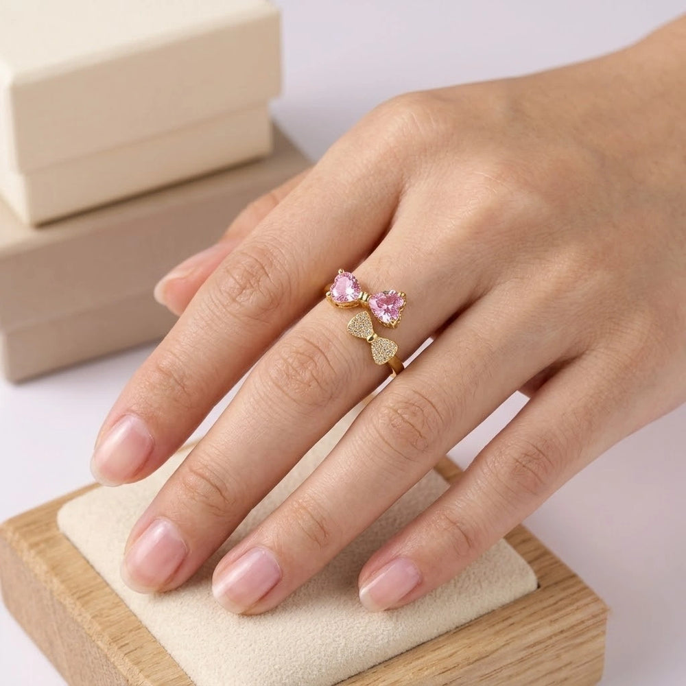 Pink Heart Bow Ring - Anti-Tarnish Gold Plated Adjustable Ring