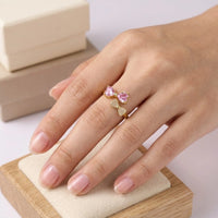 Pink Heart Bow Ring - Anti-Tarnish Gold Plated Adjustable Ring