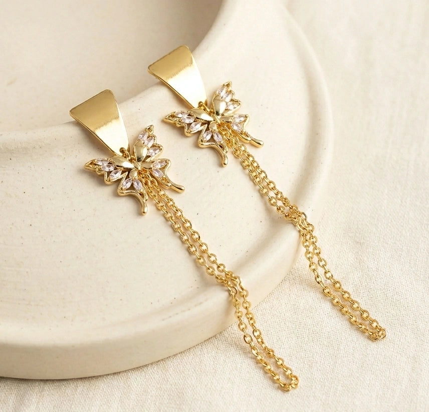 Anti-Tarnish Gold Plated Crystal Butterfly Tassel Earrings