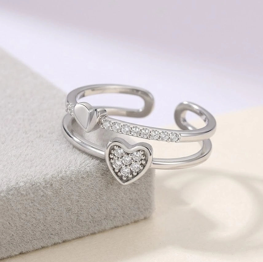 Double Layered Heart Adjustable Fashion Ring - Silver Finish Crystal Open Ring for Women