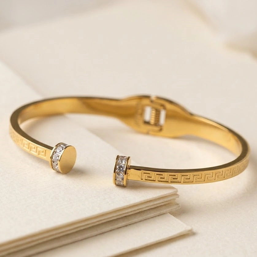 Greek Key Anti-Tarnish Gold Plated Open Cuff Bracelet with Sparkle Stones