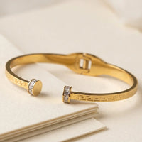 Greek Key Anti-Tarnish Gold Plated Open Cuff Bracelet with Sparkle Stones