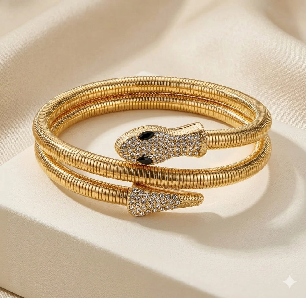Gold Coiled Snake Wrap Bracelet with Crystal Head | High Quality Serpent Bangle