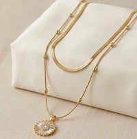 Sunburst Crystal Pendant Double Layered Necklace - Anti Tarnish Gold Plated