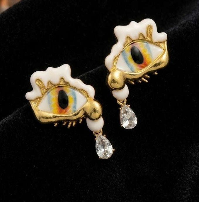 Surreal Evil Eye Statement Earrings with Crystal Teardrop