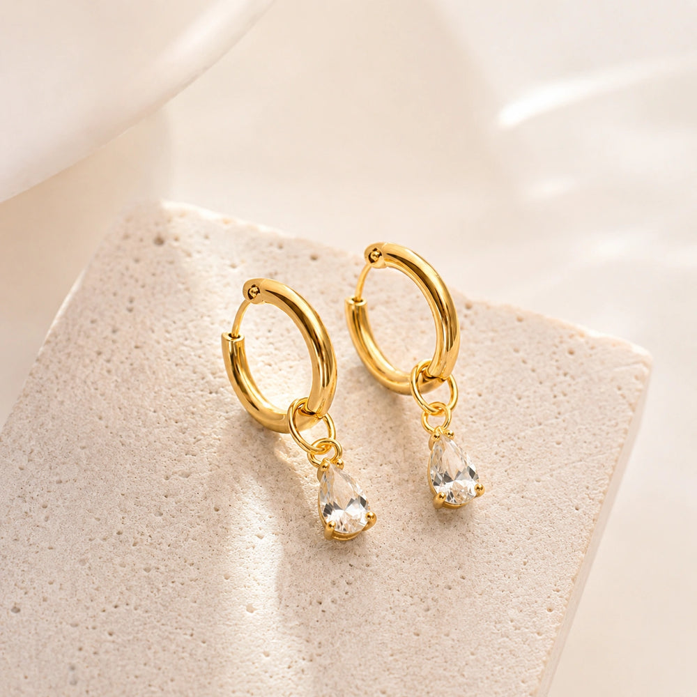 Crystal Teardrop Hoop Earrings - Anti Tarnish Gold Plated