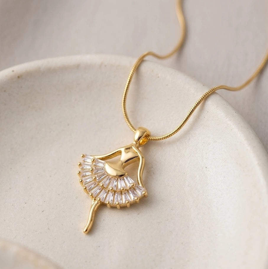 Korean Style Crystal Ballerina Pendant Necklace - Anti-Tarnish Gold Plated