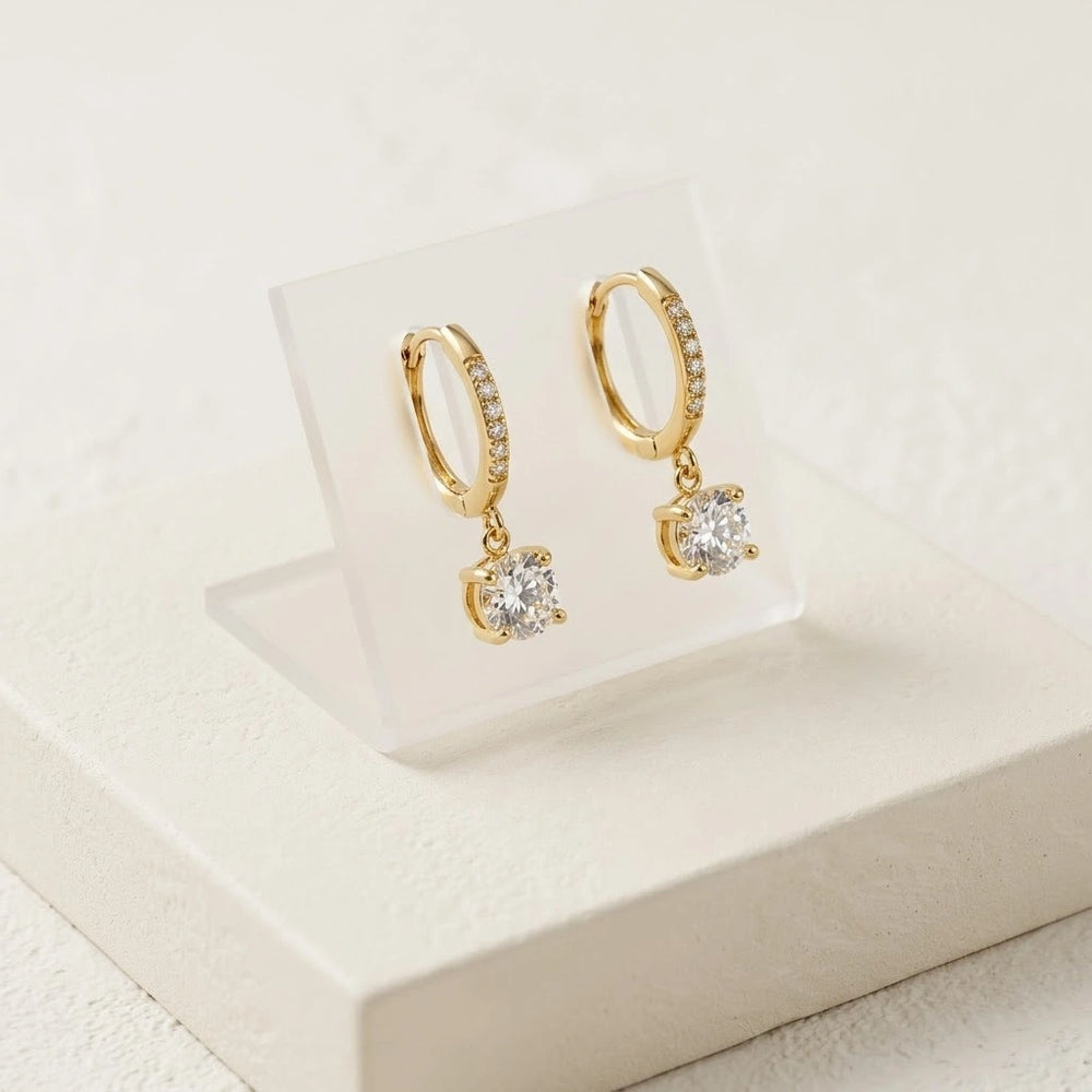 Solitaire Drop Hoop Earrings - Anti Tarnish Gold Plated
