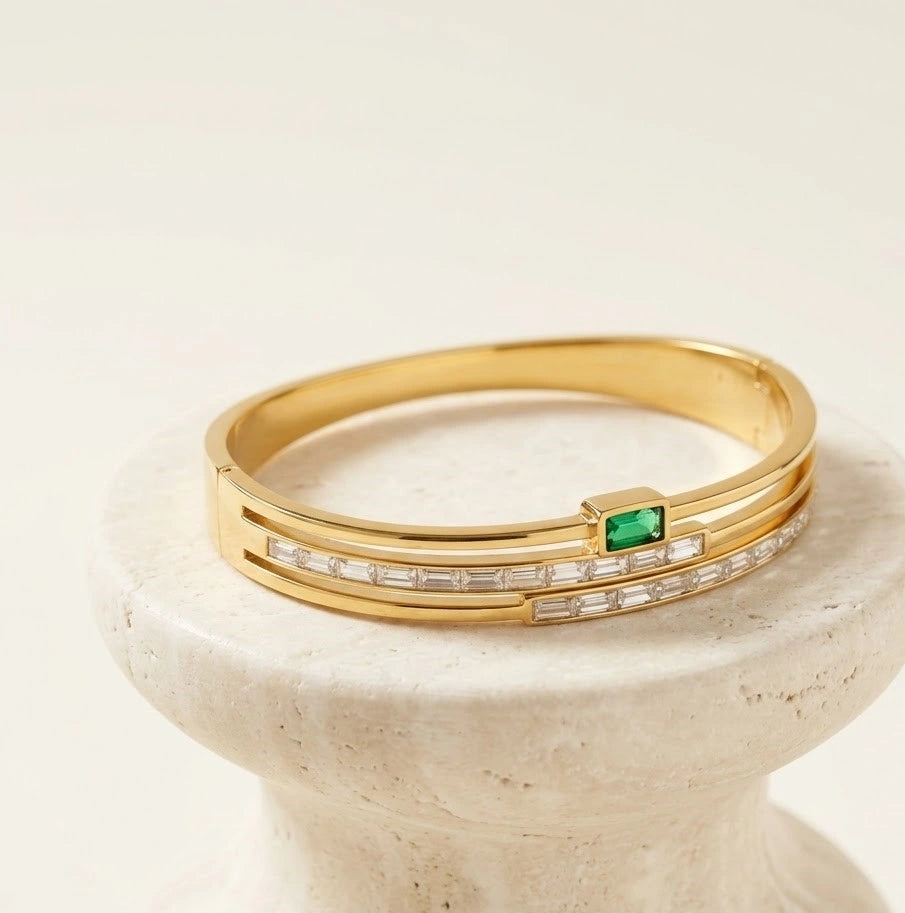 Emerald Green Stone Layered Gold Plated Bracelet | Anti-Tarnish