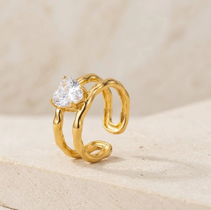 Heart Shaped Double Band Ring - Anti-Tarnish Gold Plated Adjustable Ring