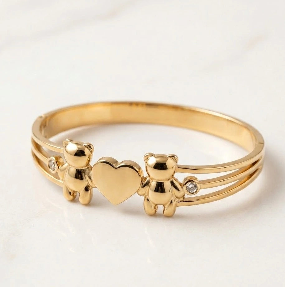 Teddy Bear Heart Cuff Bracelet - Anti Tarnish Gold Plated