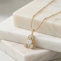 Teddy Bear Crystal Heart Pendant - Anti Tarnish Gold Plated Necklace