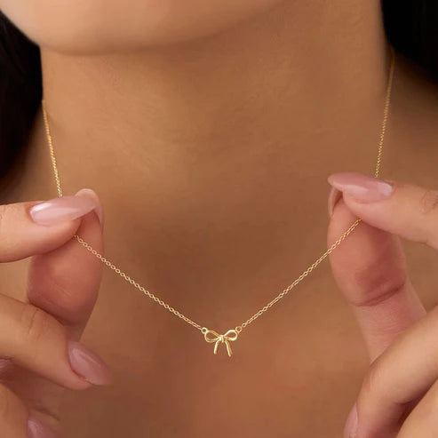 Bow Necklace Gold Plated (Anti-Tarnish) – Korean Style Dainty Ribbon Pendant for Women & Girls