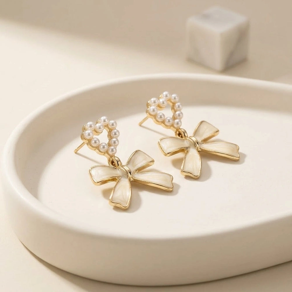 Pearl Heart Bow Drop Earrings | Coquette Korean Fashion Jewelry