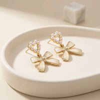 Pearl Heart Bow Drop Earrings | Coquette Korean Fashion Jewelry