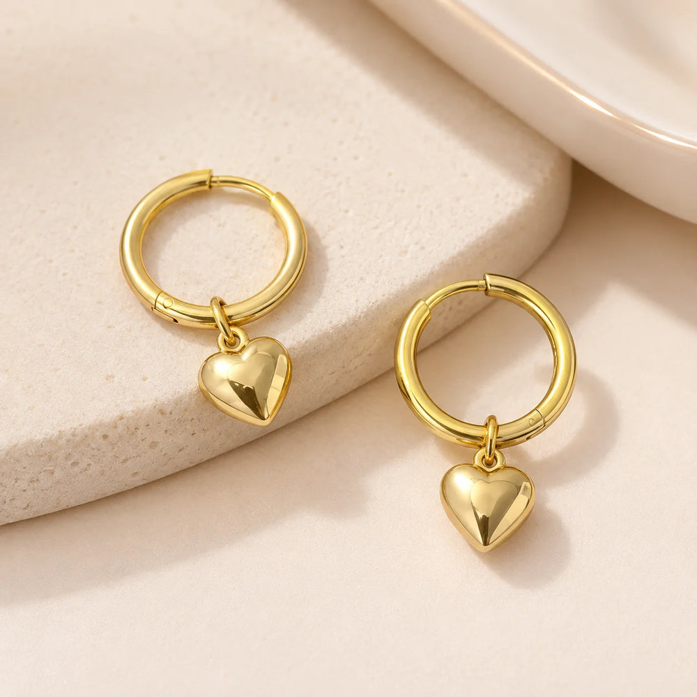 Heart Charm Hoop Earrings - Anti Tarnish Gold Plated | Moncheri Jewels