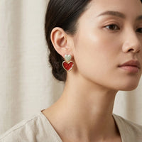 Red Glitter Double Heart Drop Earrings | Gold-Plated Coquette Jewelry