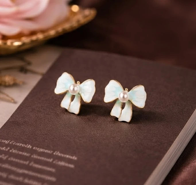 Korean Style Mint Enamel Bow Earrings with Pearl – Coquette Ribbon Studs for Her