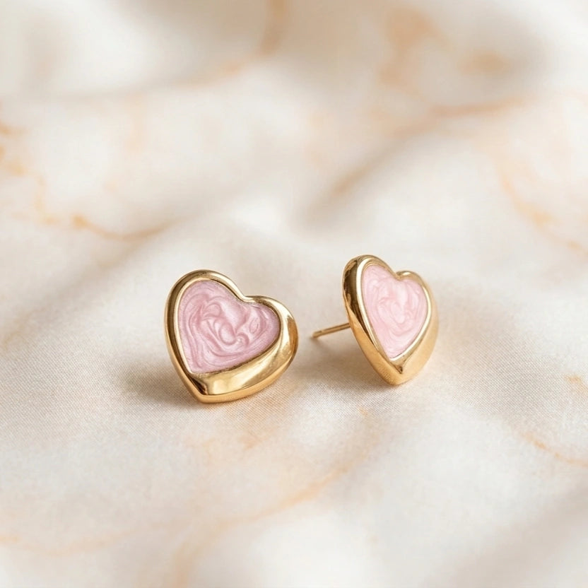 Pink Enamel Heart Stud Earrings with Gold Finish