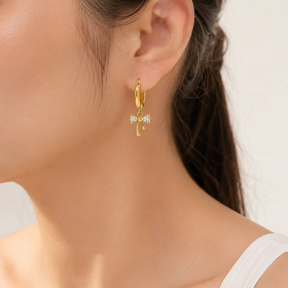 Coquette Crystal Bow Drop Hoop Earrings - Anti Tarnish Gold Plated