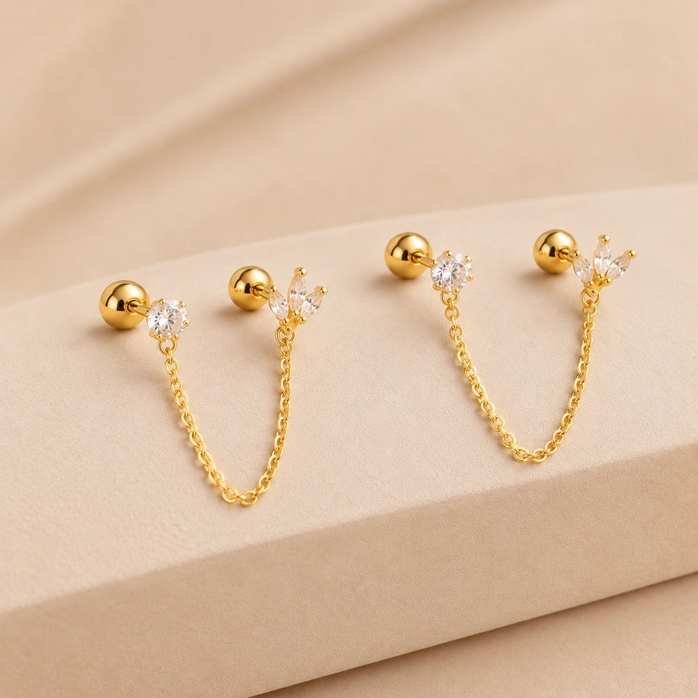 Double Piercing Chain Earrings - Anti Tarnish 18K Gold Plated CZ Marquise Helix to Lobe Studs