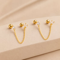 Double Piercing Chain Earrings - Anti Tarnish 18K Gold Plated CZ Marquise Helix to Lobe Studs