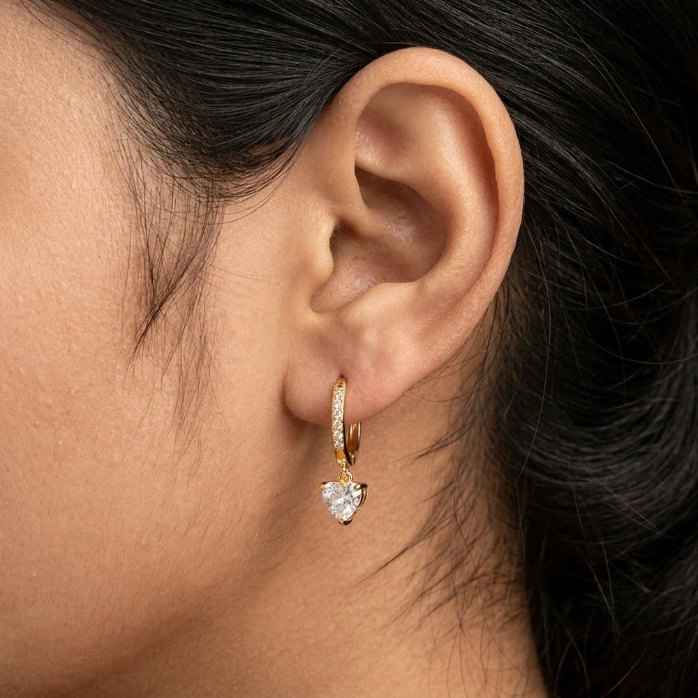Korean Heart Drop Hoop Earrings - Anti Tarnish Gold Plated