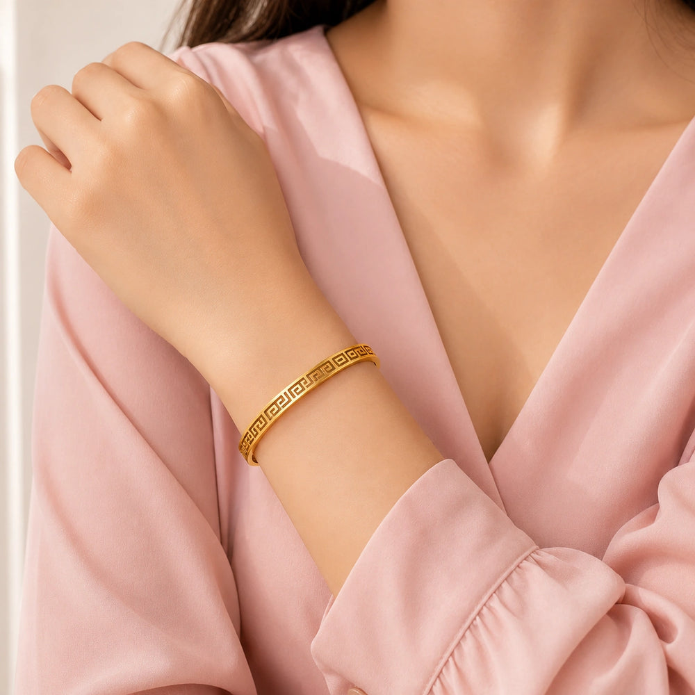 Greek Key Geometric Bangle - Anti-Tarnish Gold-Plated Bracelet