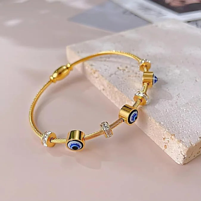 Evil Eye Anti-Tarnish Gold Plated Wire Bangle Bracelet for Women