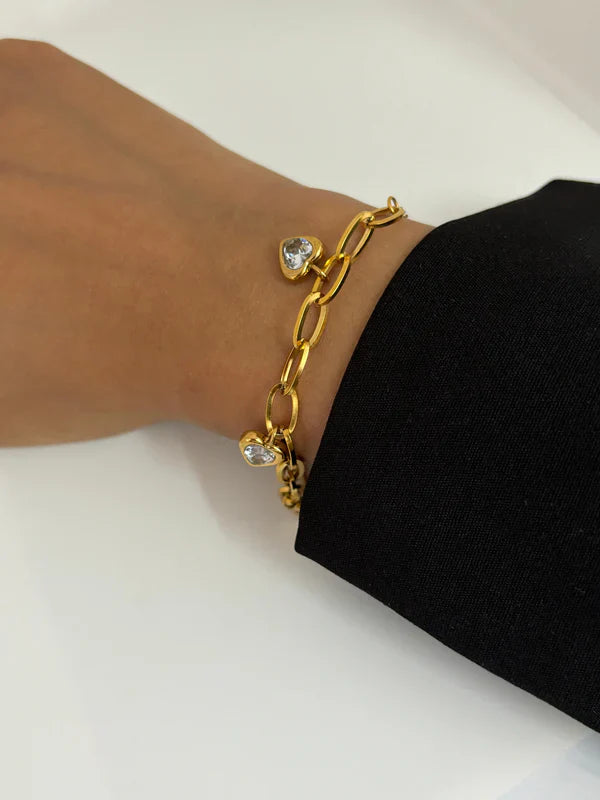 Heart Charm Link Bracelet: Anti-Tarnish Gold-Plated for Women