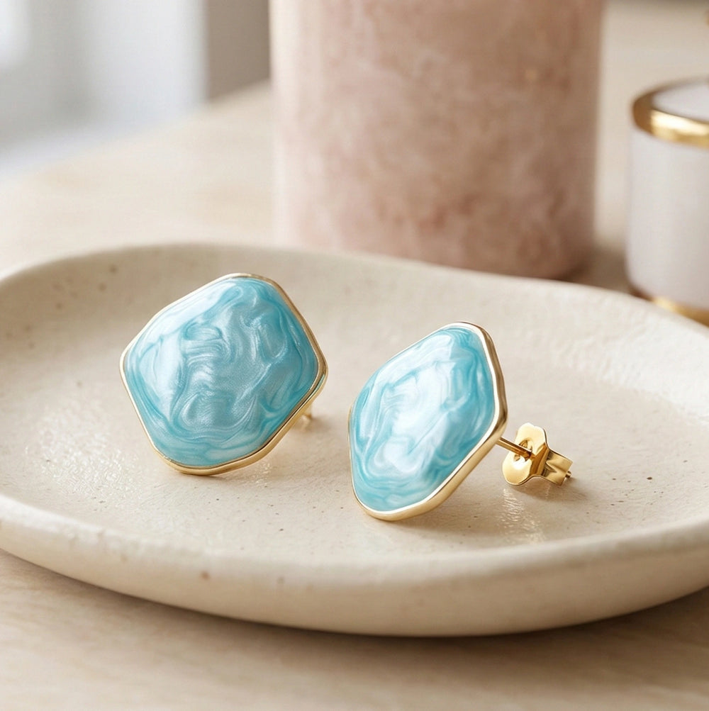 Turquoise Blue Square Stud Earrings with Gold Rim | Premium Western Wear