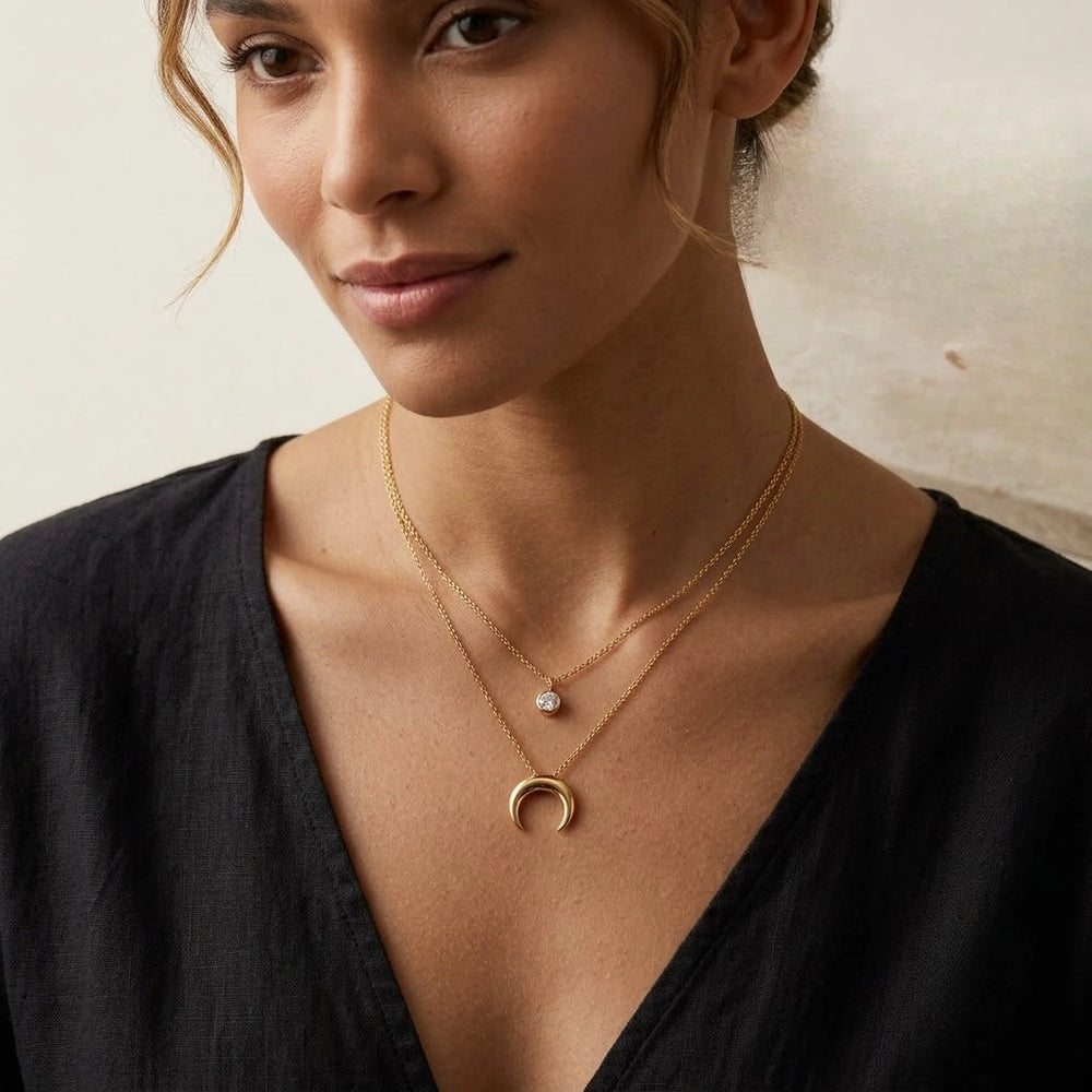 Celestial Moon & Solitaire Layered Necklace - Anti Tarnish Gold Plated Aesthetic Jewelry