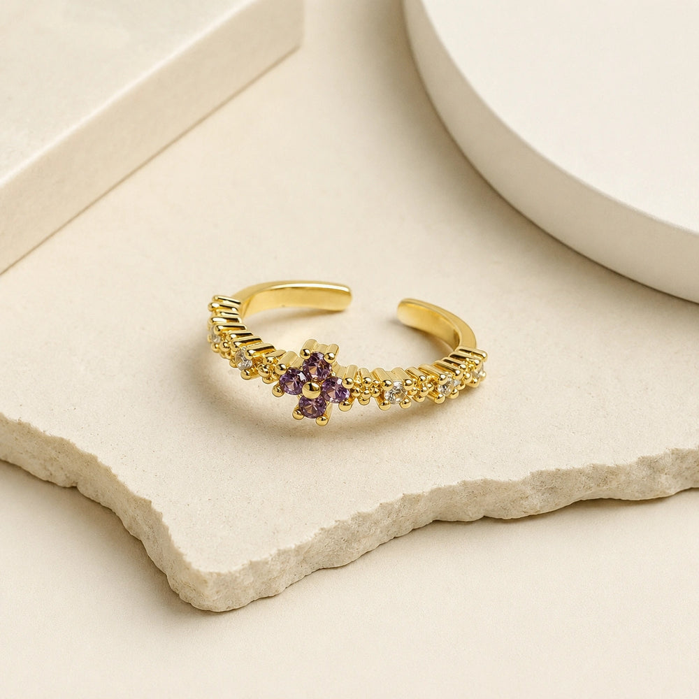 Purple Stone Floral Ring - Anti Tarnish Gold Plated Adjustable Band