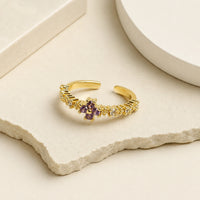 Purple Stone Floral Ring - Anti Tarnish Gold Plated Adjustable Band
