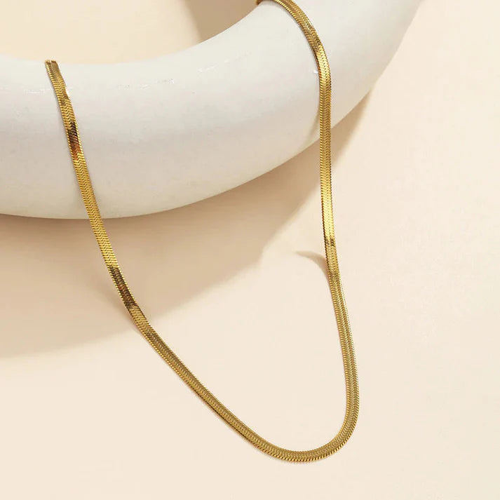 Flat Herringbone Snake Chain Necklace - Gold Plated Anti-Tarnish