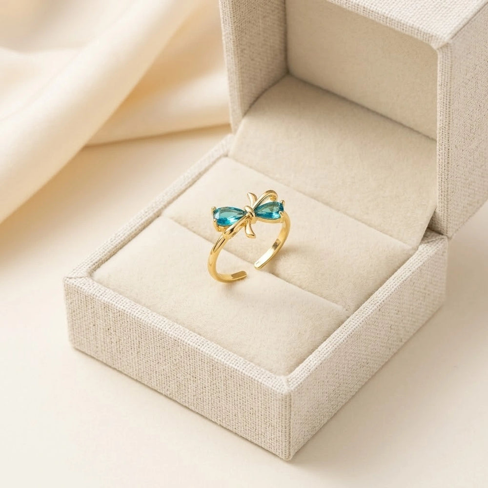 Aqua Blue Bow Ring - Anti Tarnish Gold Plated Adjustable