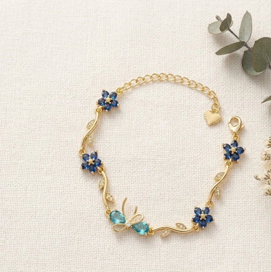 Blue Floral Butterfly Bracelet - Anti Tarnish Gold Plated Vine Design-Tulip