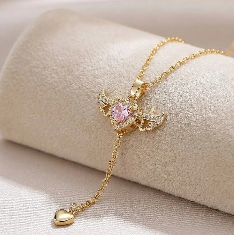 Angel Wings Pink Heart Pendant Necklace - Anti-Tarnish Gold-Plated