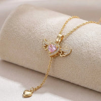Angel Wings Pink Heart Pendant Necklace - Anti-Tarnish Gold-Plated