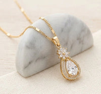 Teardrop Crystal Halo Pendant Necklace | Anti-Tarnish Fashion Jewelry