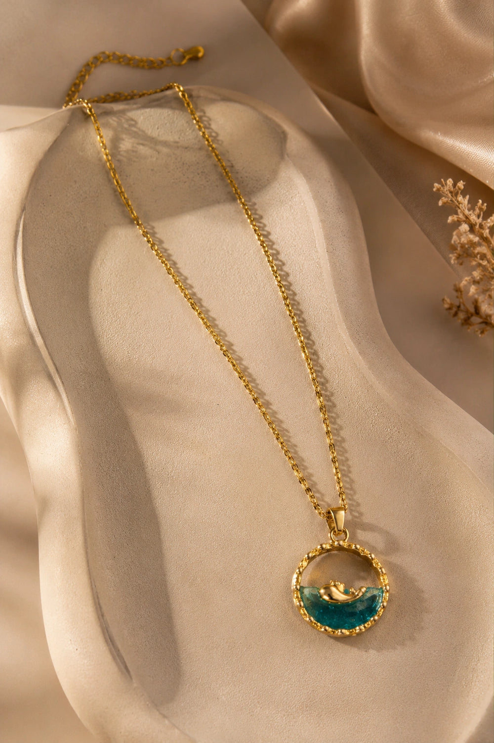 Ocean Wave Dolphin Necklace - Anti-Tarnish Gold Plated Pendant