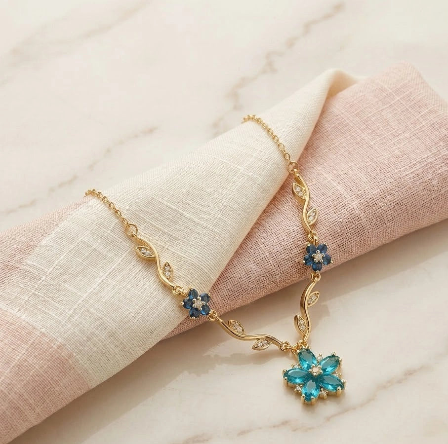 Blue Floral Anti Tarnish Gold Plated Necklace-Tulip