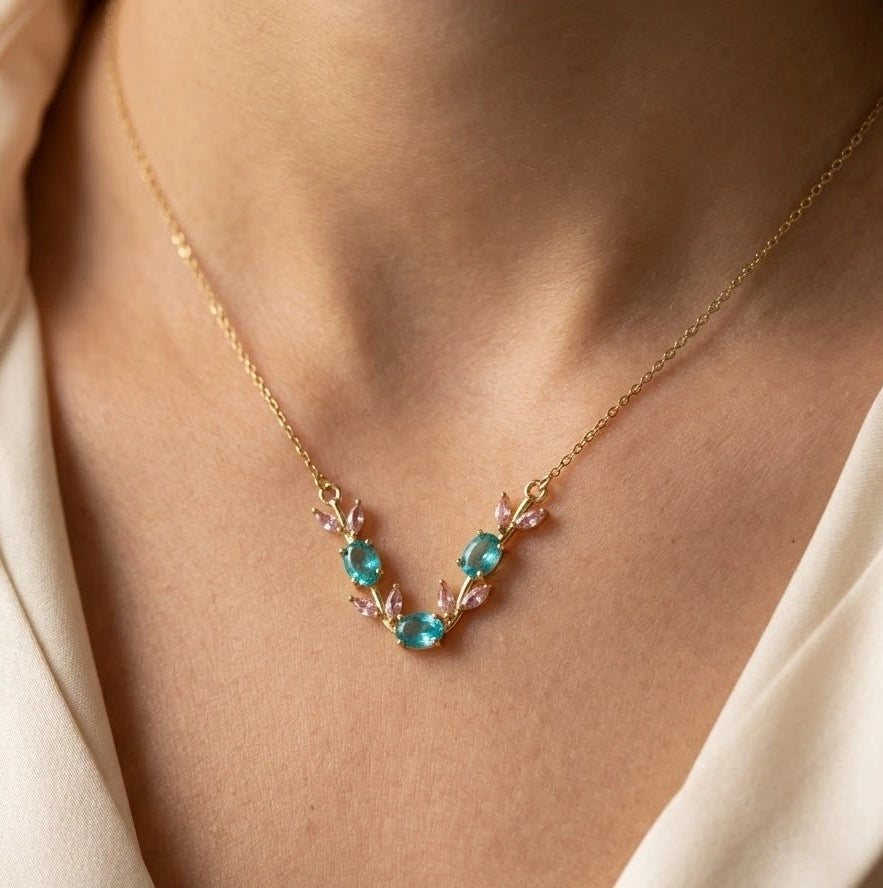 Floral Vine Blue & Pink Stone Gold Plated Necklace - Anti Tarnish