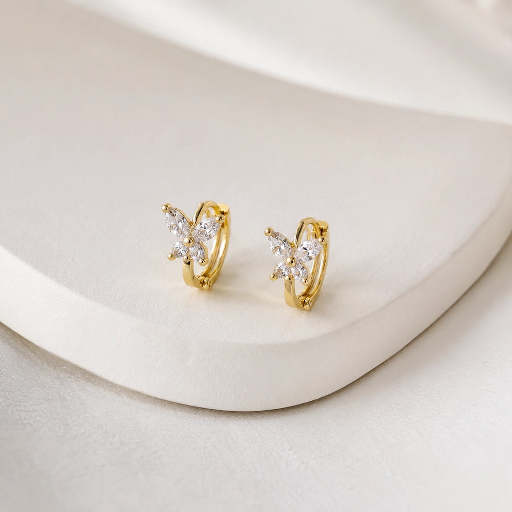 Korean Butterfly Crystal Hoop Earrings | Anti Tarnish Gold Plated Minimalist Jewelry